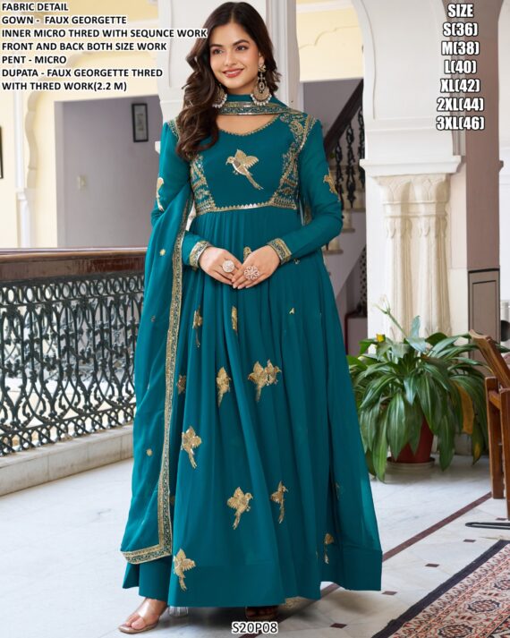 Buy New Anarkali Faux Georgette Birds Designer Wedding Wear Gown With Dupatta