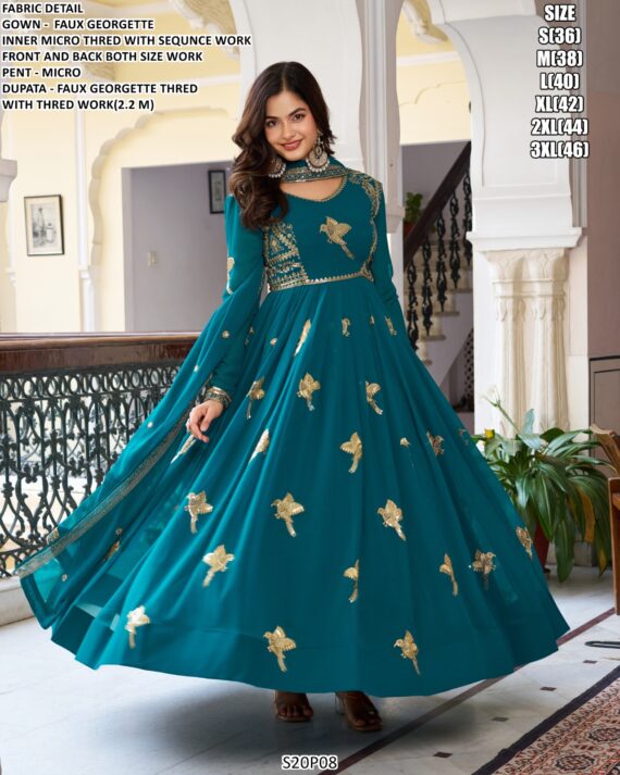 Buy New Anarkali Faux Georgette Birds Designer Wedding Wear Gown With Dupatta