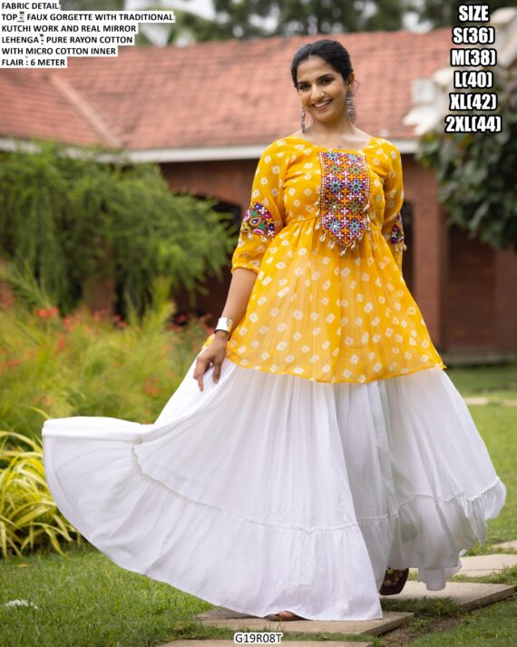 Faux Georgette Traditional Kutchi Work Navratri Wear Top With White Lehenga