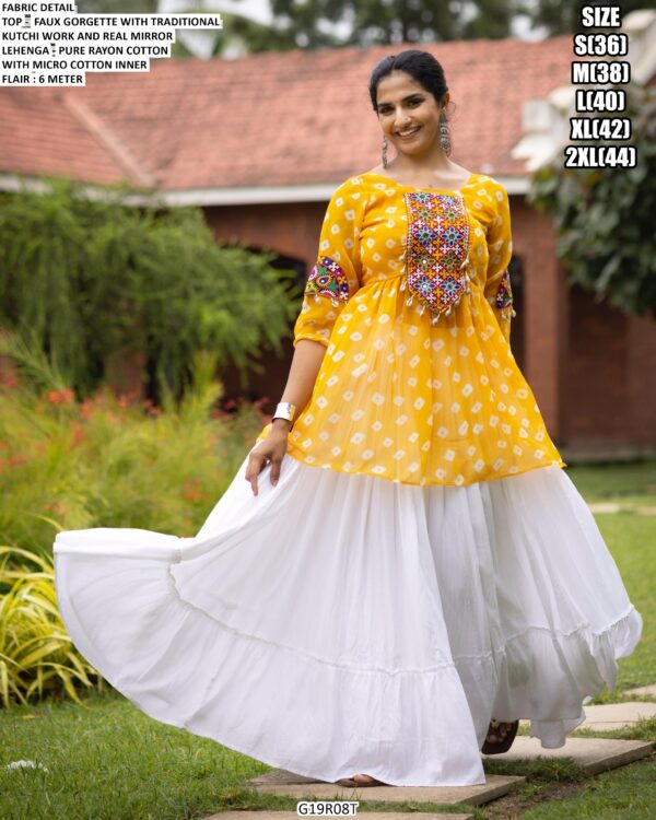 Faux Georgette Traditional Kutchi Work Navratri Wear Top With White Lehenga