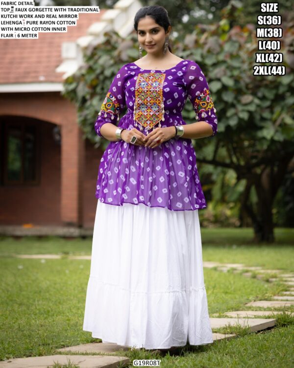 Faux Georgette Traditional Kutchi Work Navratri Wear Top With White Lehenga