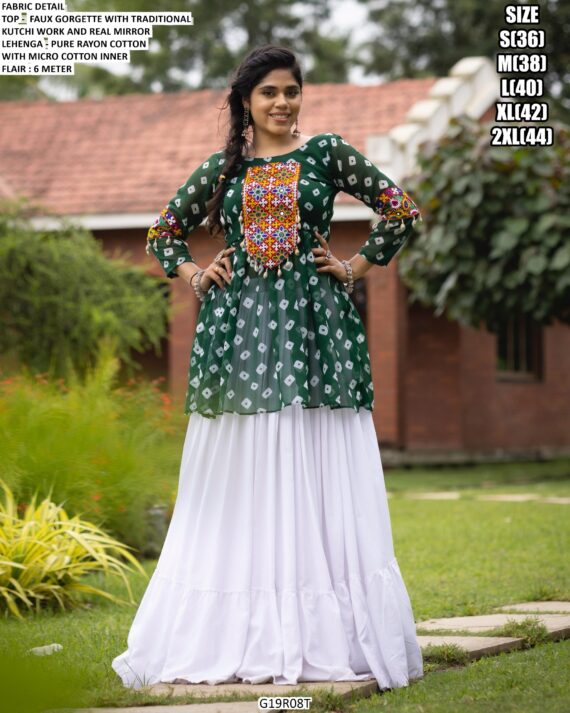 Faux Georgette Traditional Kutchi Work Navratri Wear Top With White Lehenga
