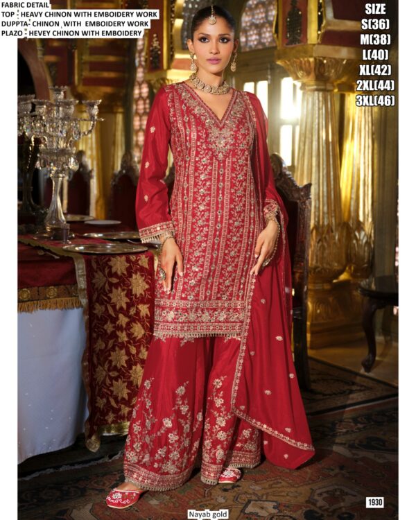 Three Piece Wedding And Festive Wear Heavy Chinon Embroidered Suits