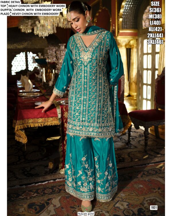 Three Piece Wedding And Festive Wear Heavy Chinon Embroidered Suits