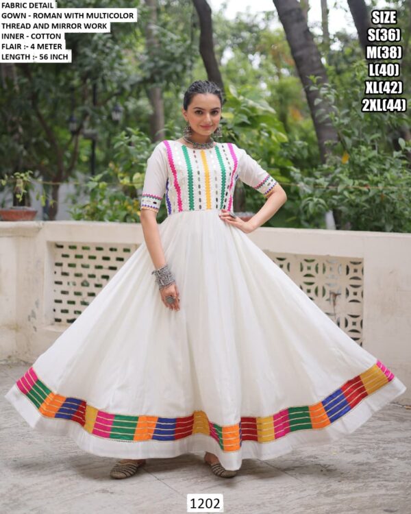 Navratri Special Beautiful Multi-Colour Thread Work Gowns In Roman Silk