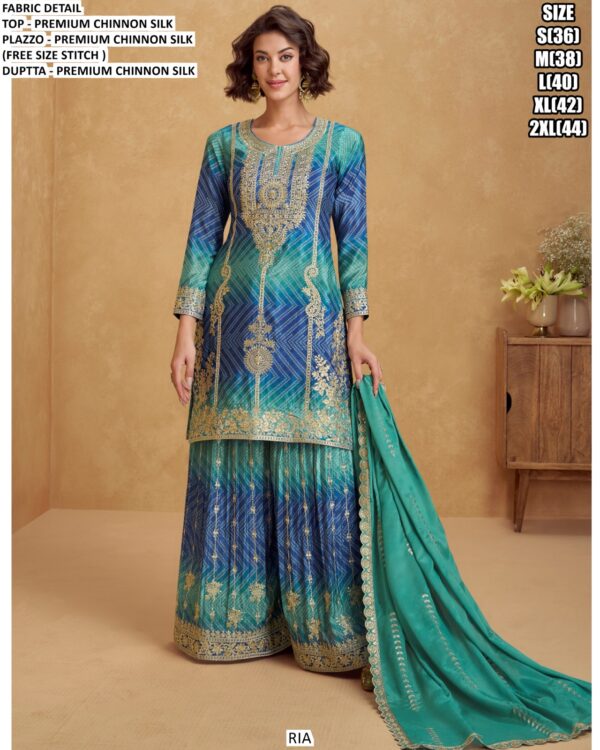 Festive Style Premium Chinon Silk Readymade Designer Embroidery Plazo Suits