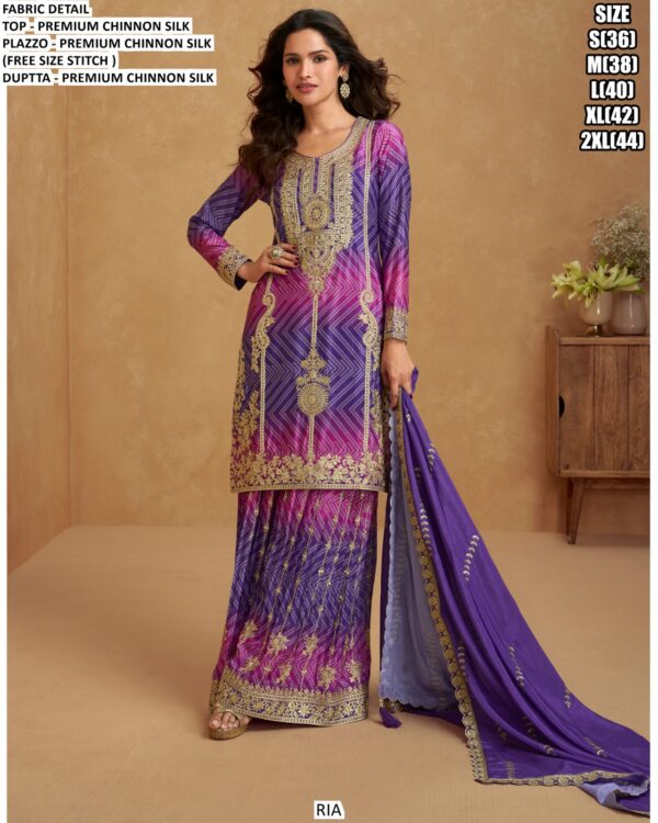 Festive Style Premium Chinon Silk Readymade Designer Embroidery Plazo Suits