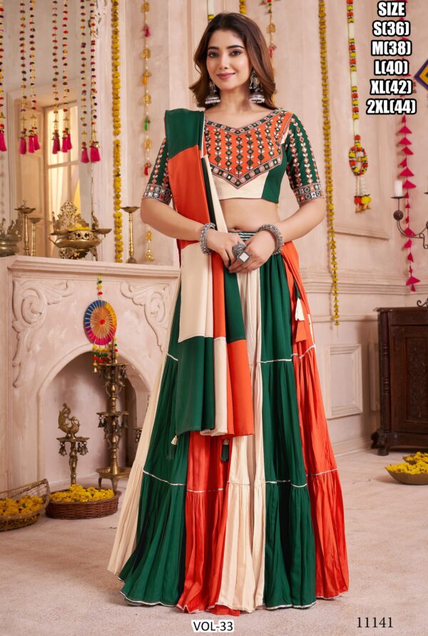 Multi Viscose Cotton Navratri Lehenga Choli With Kutchi Patch Work And All Over Mirror