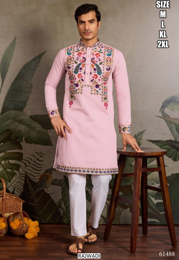 Functions Wear Men's Embroidery Designer Readymade Only Kurtas In Viscose Silk