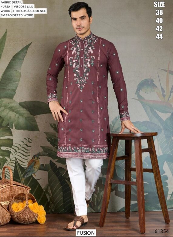 Men's Embroidered Ready To Wear Viscose Silk Functions And Party Wear Only Kurtas