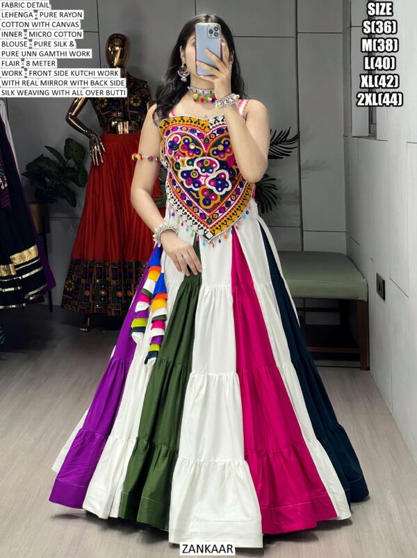 Multicolour Kutchi Mirror Work Pure Rayon Cotton Navratri Lehenga With Kediya Top