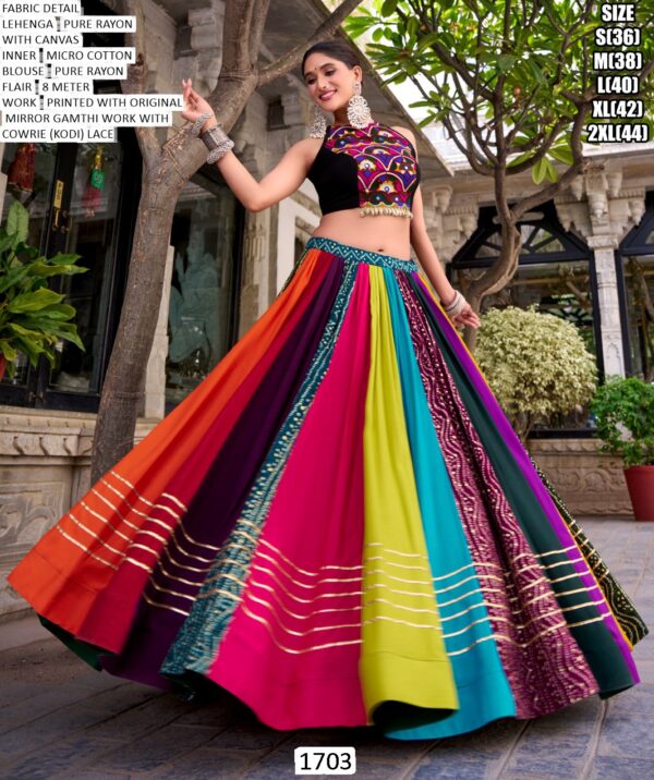 Navratri Special Rainbow Colours In Lehenga With Black Rayon Gamthi Work Blouse