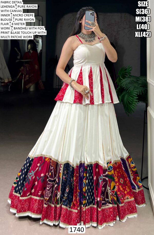 This Navratri, Step Out In Style With A White Rayon Bandhej With Foil Printed Lehenga Choli