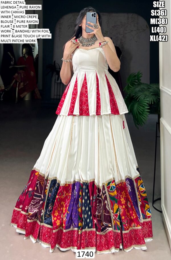 This Navratri, Step Out In Style With A White Rayon Bandhej With Foil Printed Lehenga Choli