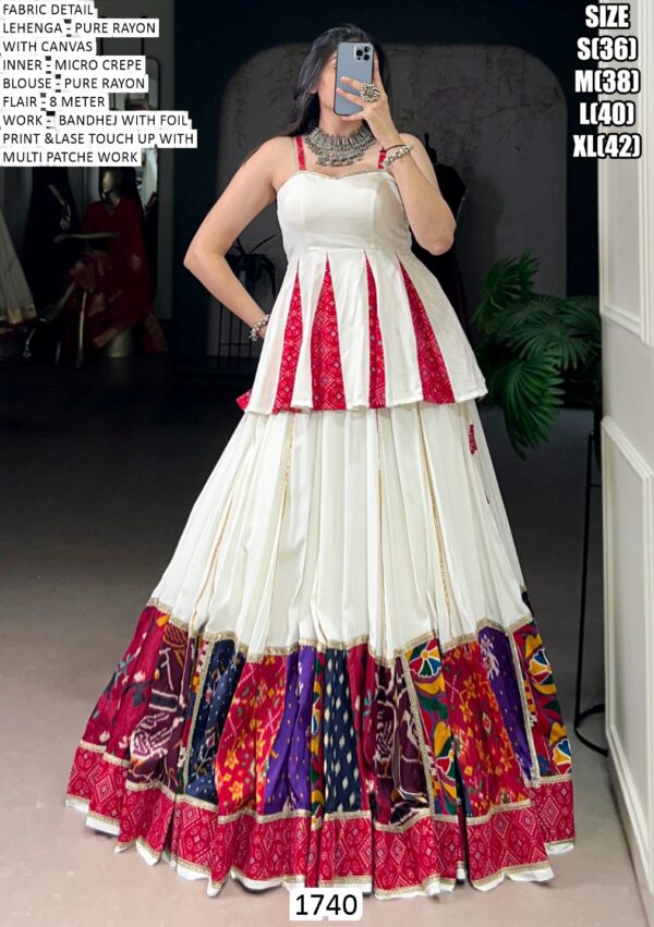 This Navratri, Step Out In Style With A White Rayon Bandhej With Foil Printed Lehenga Choli