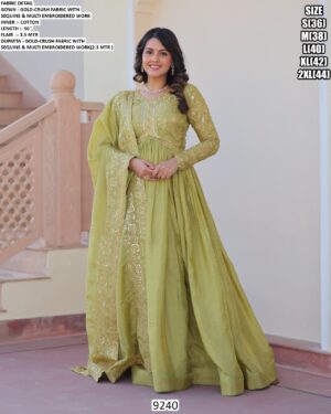 Indian Festive Wear Gown In Gold Crush With Sequins And Multi Embroidery Work