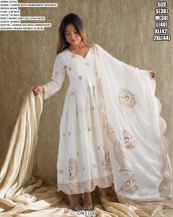 Golden Embroidery Sequins Work With White Colour Graceful Chinon Salwar Suit