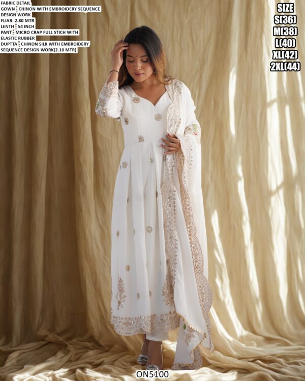Golden Embroidery Sequins Work With White Colour Graceful Chinon Salwar Suit