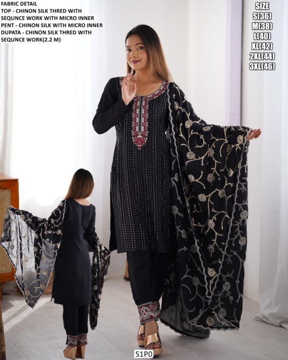 Charming Chinon Silk Thread And Sequence Work Stylish Salwar Suit For Parties