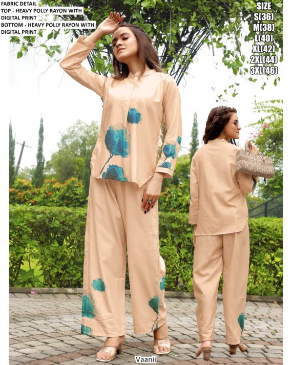 Latest Concept! Readymade Polly Rayon Digital Printed Trendy Casual Wear Co-ord Sets