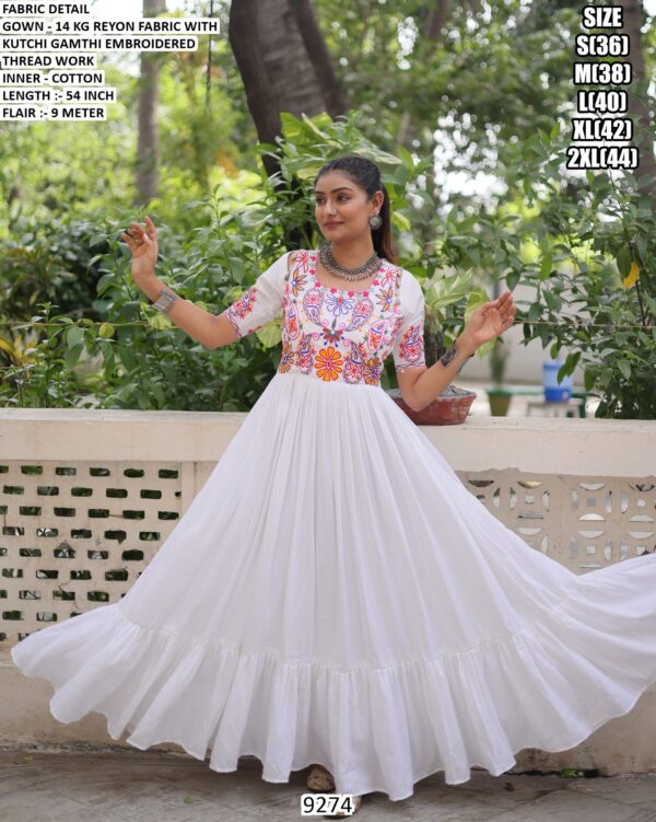 Navratri Wear Black And White Rayon Kutchi Gamthi Embroidered Gowns