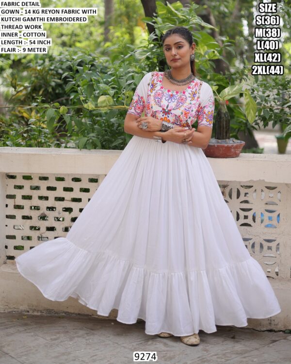 Navratri Wear Black And White Rayon Kutchi Gamthi Embroidered Gowns