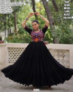 Navratri Wear Black And White Rayon Kutchi Gamthi Embroidered Gowns