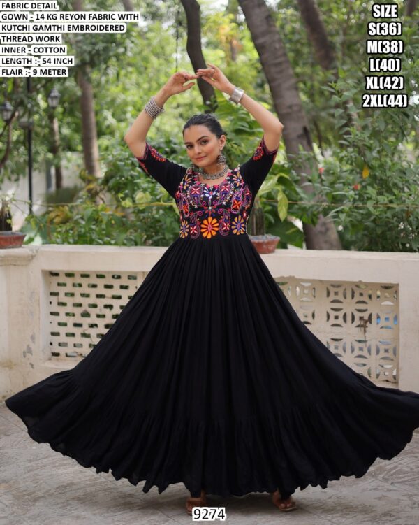 Navratri Wear Black And White Rayon Kutchi Gamthi Embroidered Gowns