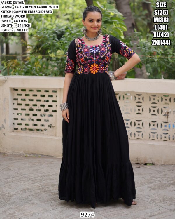 Navratri Wear Black And White Rayon Kutchi Gamthi Embroidered Gowns