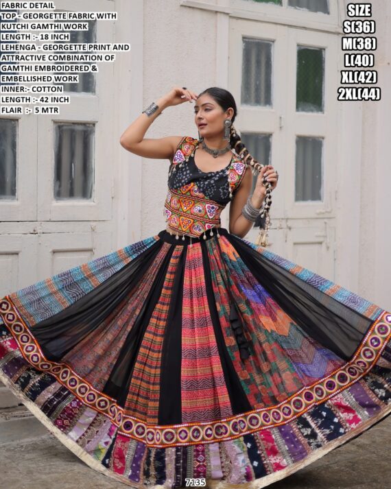 Shop Tantalizing Multi-Colour Georgette Navratri Special Lehenga With Gamthi Work Blouse