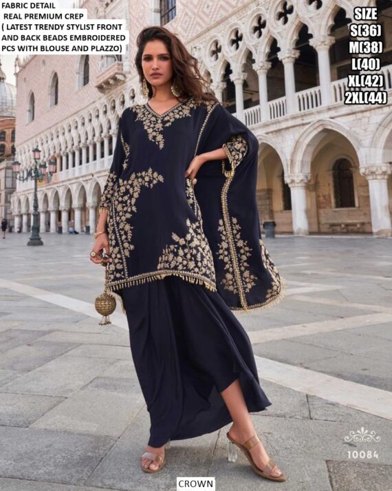 Party Wear Readymade Latest Designer Crape Embroidered Indo-Western Collection