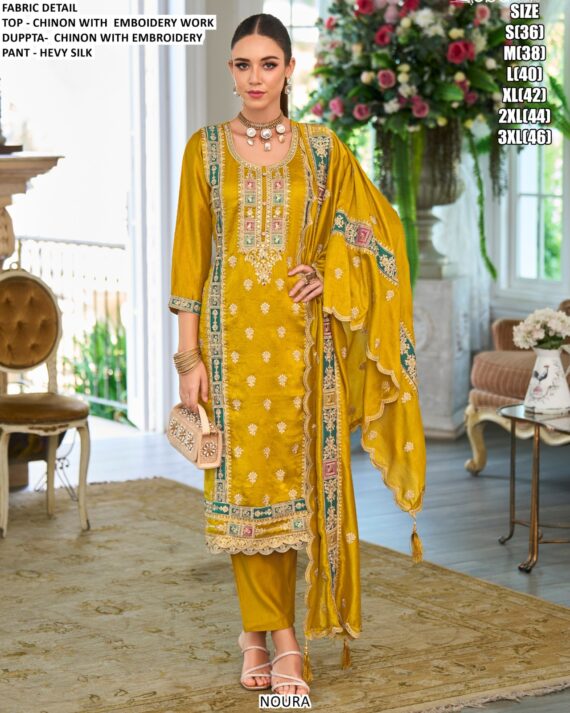 Ready To Wear Chinon Salwar Suit With Embroidery Work And Beautiful Three Colours!