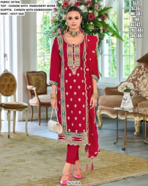 Ready To Wear Chinon Salwar Suit With Embroidery Work And Beautiful Three Colours!