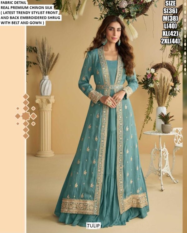 Designer Chinon Silk Embroidered Party Wear Indo-Western Collection (Set Of Three Readymade Gowns)