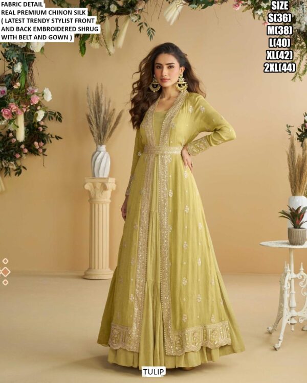 Designer Chinon Silk Embroidered Party Wear Indo-Western Collection (Set Of Three Readymade Gowns)