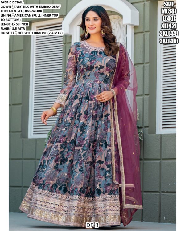 New Party Wear Look Taby Silk Printed With Embroidery Work Gown With Dupatta