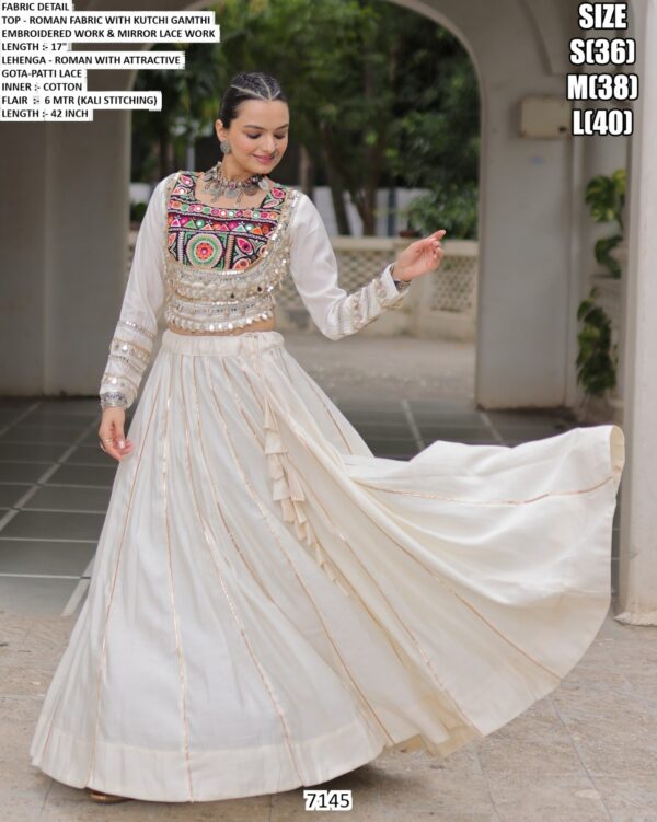 Navratri Chaniya Choli Collection In Roman Fabric With Gota Patti And Kutchi Embroidery Work