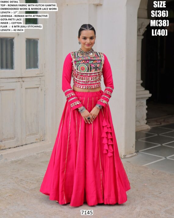 Navratri Chaniya Choli Collection In Roman Fabric With Gota Patti And Kutchi Embroidery Work