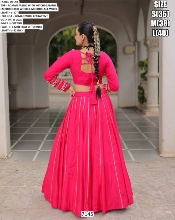 Navratri Chaniya Choli Collection In Roman Fabric With Gota Patti And Kutchi Embroidery Work