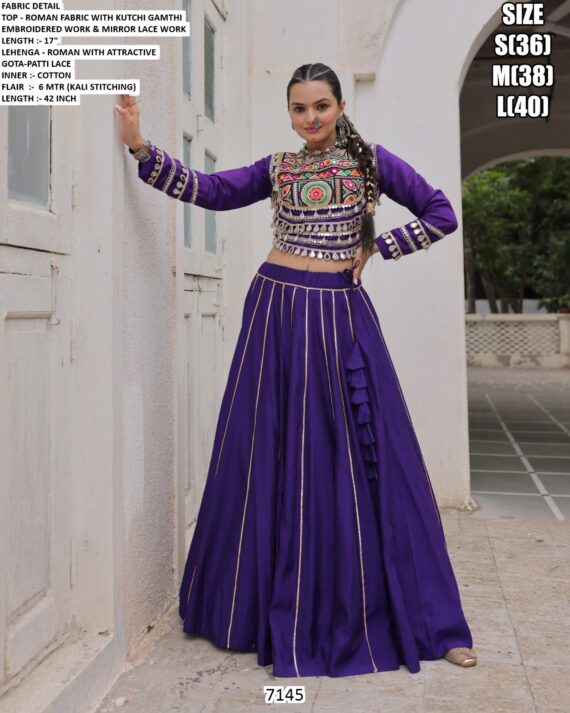 Navratri Chaniya Choli Collection In Roman Fabric With Gota Patti And Kutchi Embroidery Work