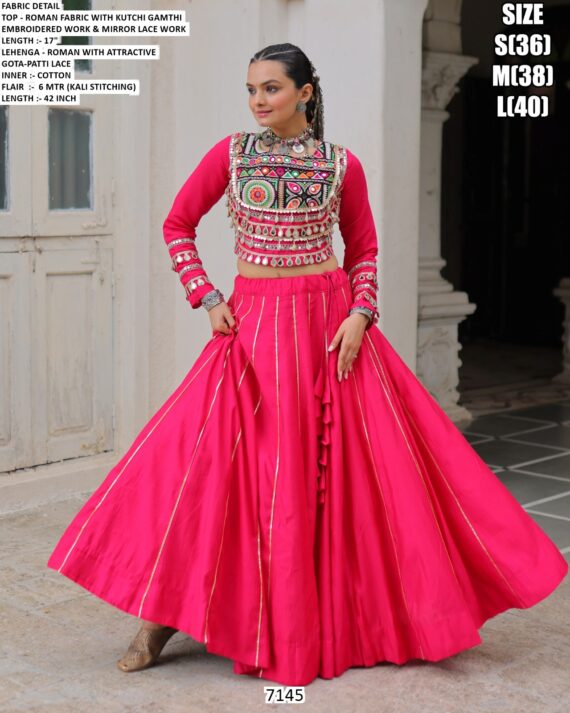 Navratri Chaniya Choli Collection In Roman Fabric With Gota Patti And Kutchi Embroidery Work