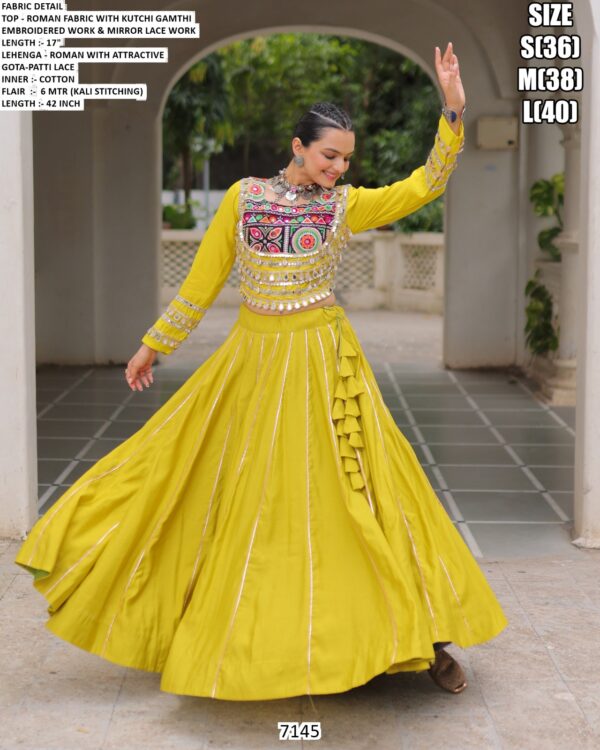Navratri Chaniya Choli Collection In Roman Fabric With Gota Patti And Kutchi Embroidery Work