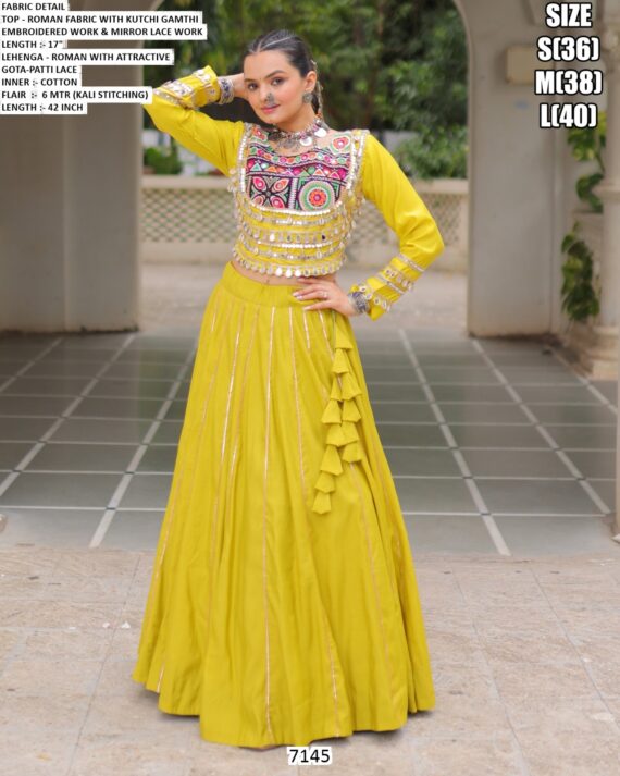 Navratri Chaniya Choli Collection In Roman Fabric With Gota Patti And Kutchi Embroidery Work