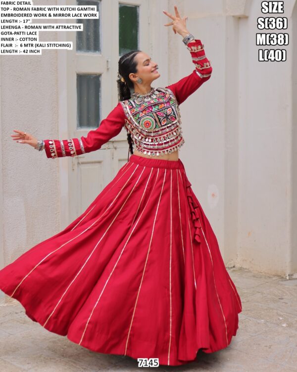 Navratri Chaniya Choli Collection In Roman Fabric With Gota Patti And Kutchi Embroidery Work