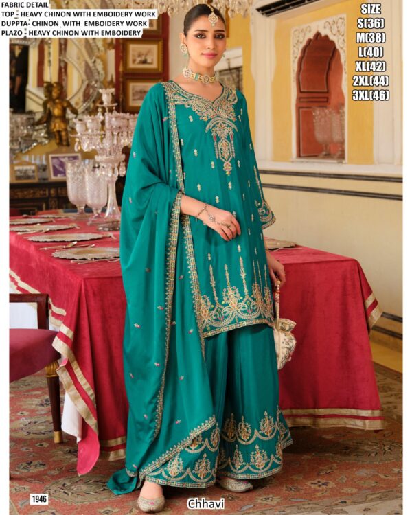 Festival Collection, Attractive Embroidery Work Chinon Plazo Suit With Matching Dupatta