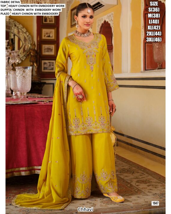 Festival Collection, Attractive Embroidery Work Chinon Plazo Suit With Matching Dupatta