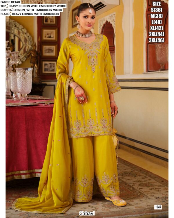 Festival Collection, Attractive Embroidery Work Chinon Plazo Suit With Matching Dupatta