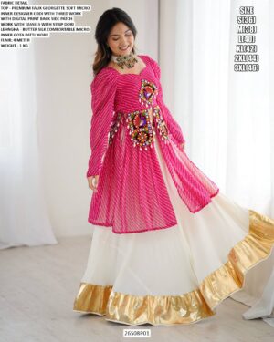 Pink Faux Georgette Thread Work Top With Butter Silk Lehenga Perfect For Garba Nights