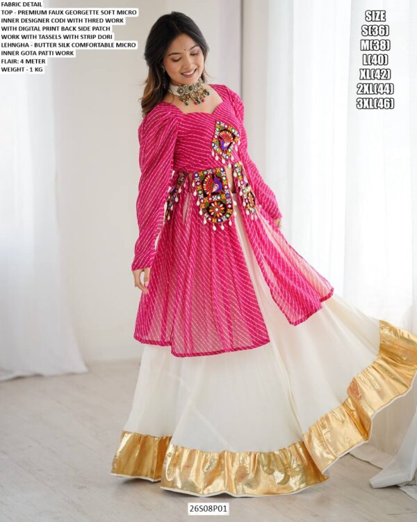 Pink Faux Georgette Thread Work Top With Butter Silk Lehenga Perfect For Garba Nights