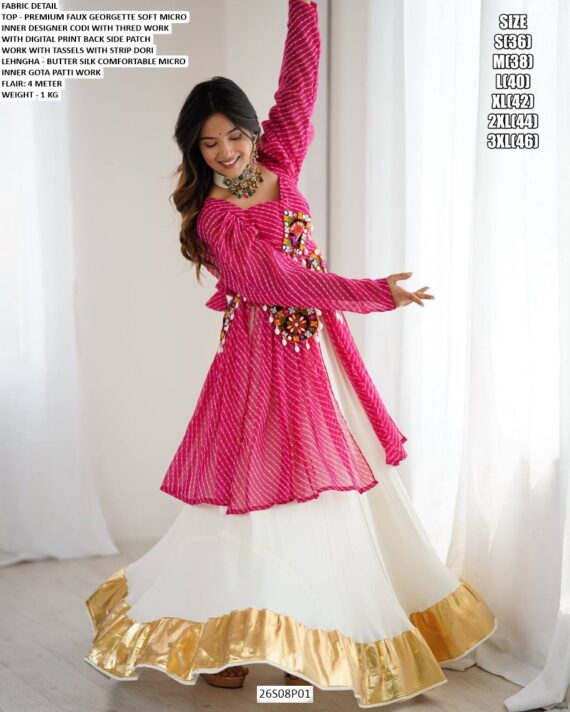 Pink Faux Georgette Thread Work Top With Butter Silk Lehenga Perfect For Garba Nights